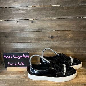 Womens Karl Lagerfield Black Patent‎ Leather Kilt Pearl Loafers Shoes Size 6.5 M